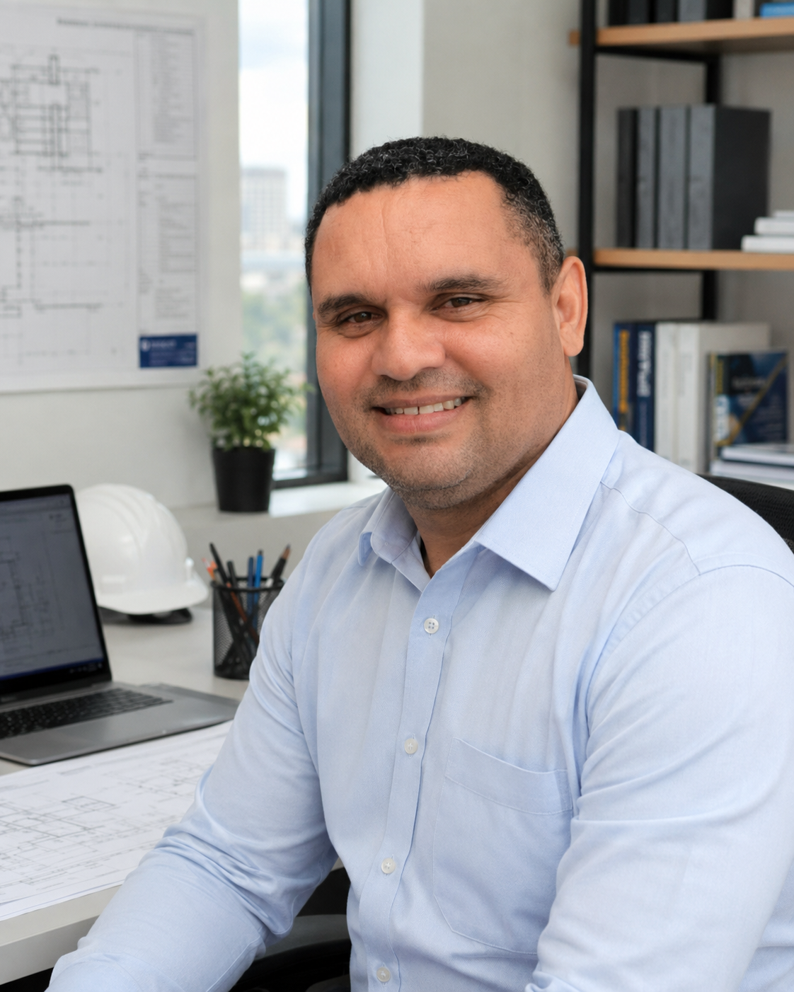 Eng. David Martins em seu escritório desenvolvendo planos técnicos